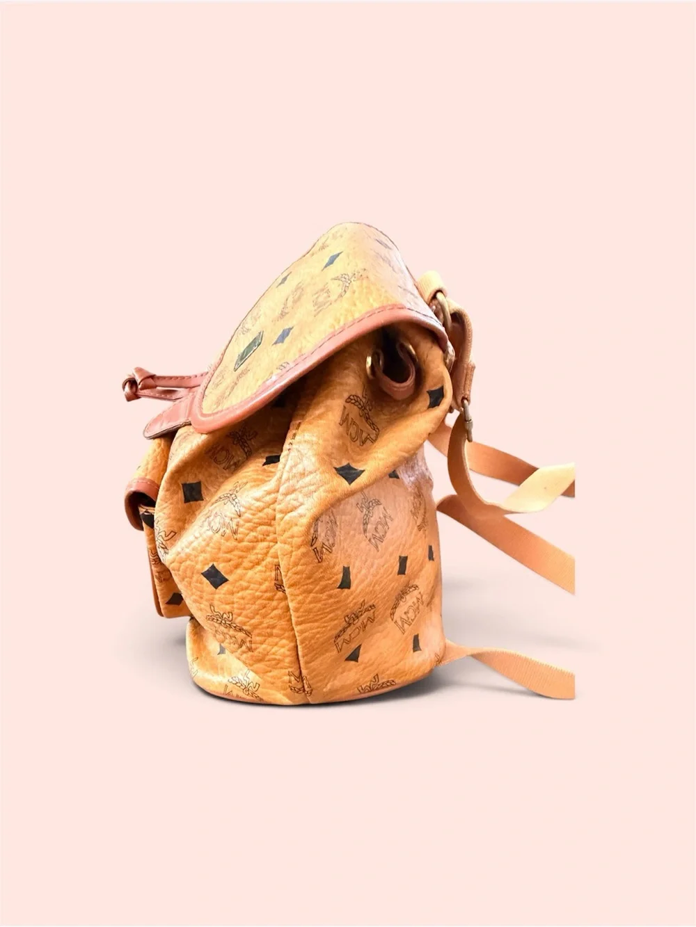 MCM Cognac Visetos Monogram Drawstring Backpack with Black Accents